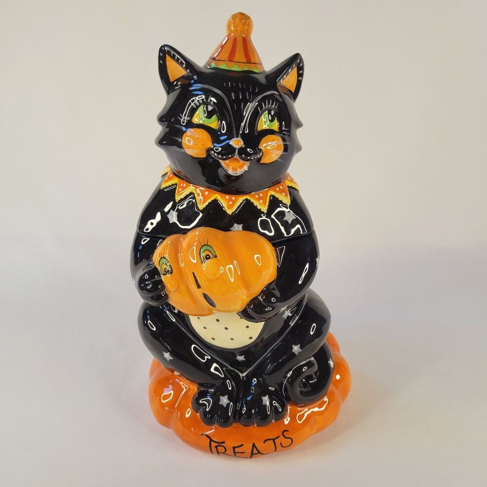 '25 Blue Sky Ceramic Halloween Retro Black Cat Treat Cookie Jar Pumpkin Vtg-Styl